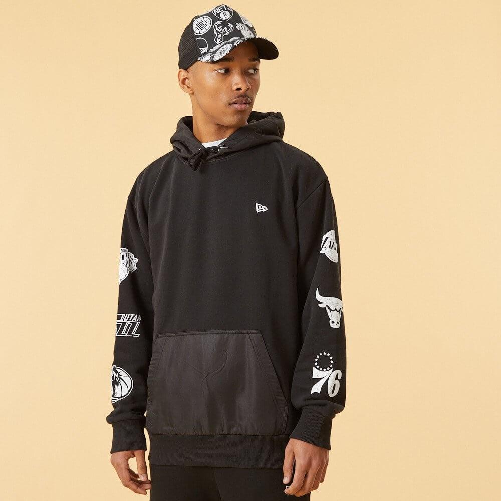 NEW ERA mikiny Distressed sleeve print hoody NBA Multi Logo Black