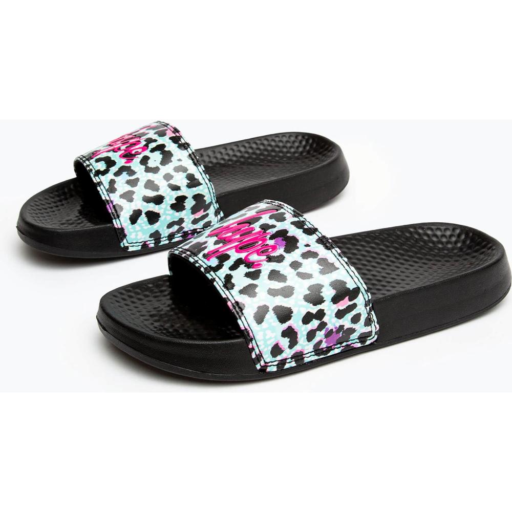 Hype Kids Unisex Black Ice Leopard Script Sliders