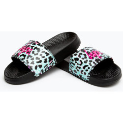 Hype Kids Unisex Black Ice Leopard Script Sliders