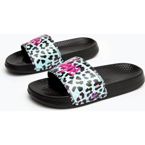 Hype Kids Unisex Black Ice Leopard Script Sliders