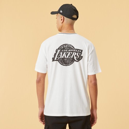 NEW ERA tričko Distressed Graphic oversized tee LOSLAK LOS ANGELES LAKERS White