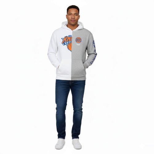 Pánska mikina s kapucňou Hollister x NBA New York Knicks Team Logo šedo-biela