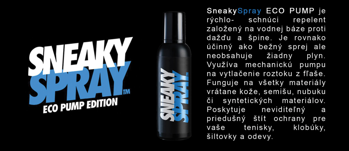 SneakySpray ECO PUMP je rýchloschnúci repelent založený na vodnej báze proti dažďu a špine. Je rovnako účinný ako bežný sprej ale neobsahuje žiadny plyn. Využíva mechanickú pumpu na vytlačenie roztoku z fľaše. Funguje na všetky materiály vrátane kože, semišu, nubuku či syntetických materiálov. Poskytuje neviditeľný a priedušný štít ochrany pre vaše tenisky, klobúky, šiltovky a odevy.