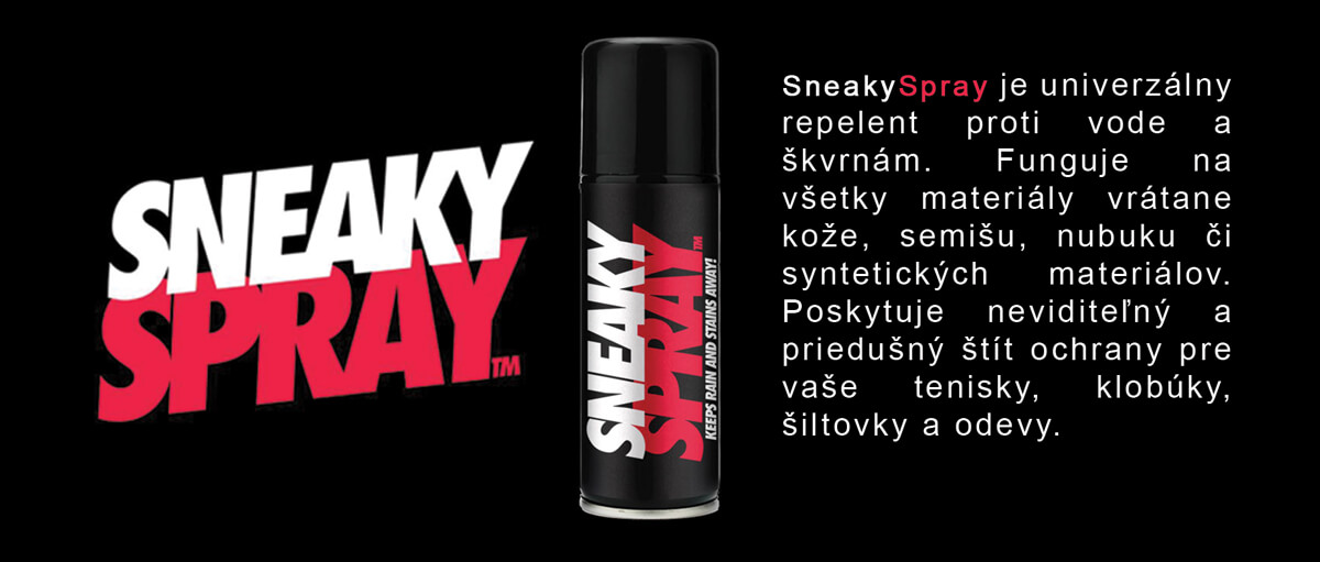 SneakySpray je univerzálny repelent proti vode a škvrnám. Funguje na všetky materiály vrátane kože, semišu, nubuku či syntetických materiálov. Poskytuje neviditeľný a priedušný štít ochrany pre vaše tenisky, klobúky, šiltovky a odevy.