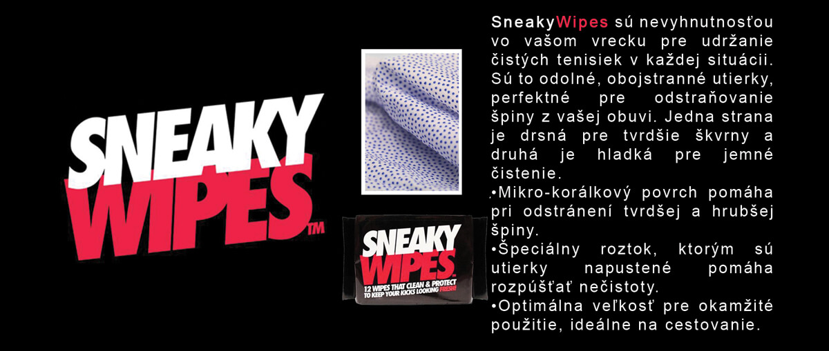 SneakyWipes sú nevyhnutnosťou vo vašom vrecku pre udržanie čistých tenisiek v každej situácii. Sú to odolné, obojstranné utierky, perfektné pre odstraňovanie špiny z vašej obuvi. Jedna strana je drsná pre tvrdšie škvrny a druhá je hladká pre jemné čistenie. * Mikro-korálkový povrch pomáha pri odstránení tvrdšej a hrubšej špiny. * Špeciálny roztok, ktorým sú utierky napustené pomáha rozpúšťať nečistoty. * Optimálna veľkosť pre okamžité použitie, bez potreby vody, ideálne na cestovanie.